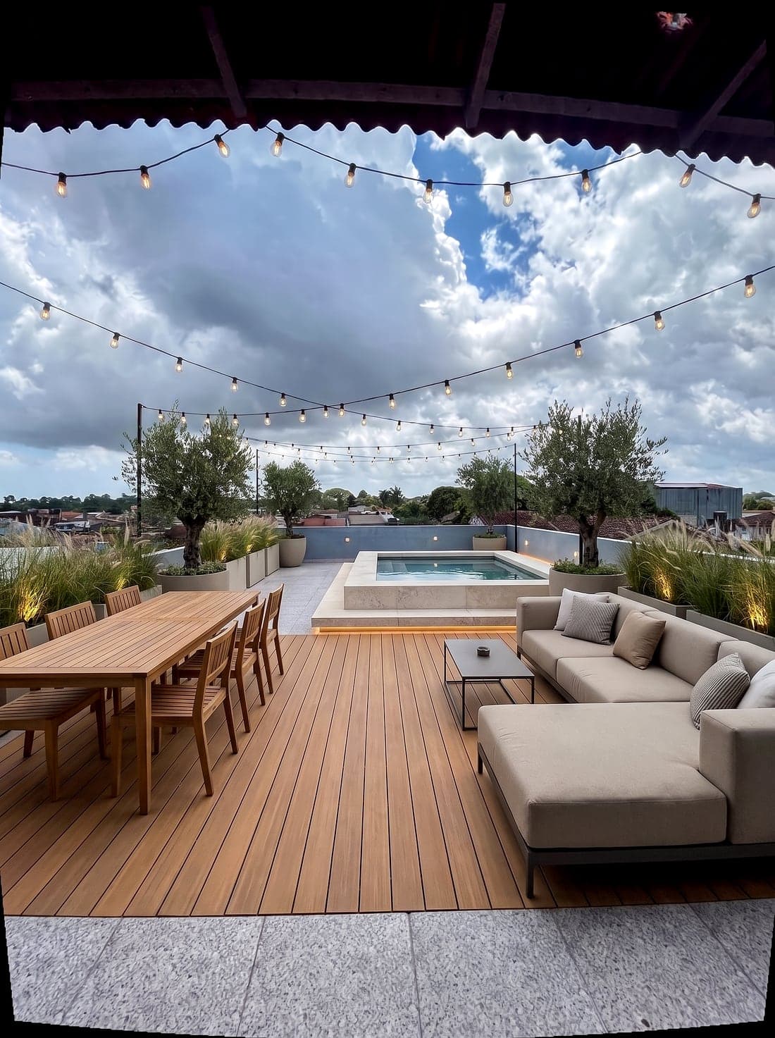 Sugestão de ocupação do terraço: deck de madeira, sofá modular, mesa de jantar, vegetação em jardineiras e piscina compacta no espaço já preparado.
